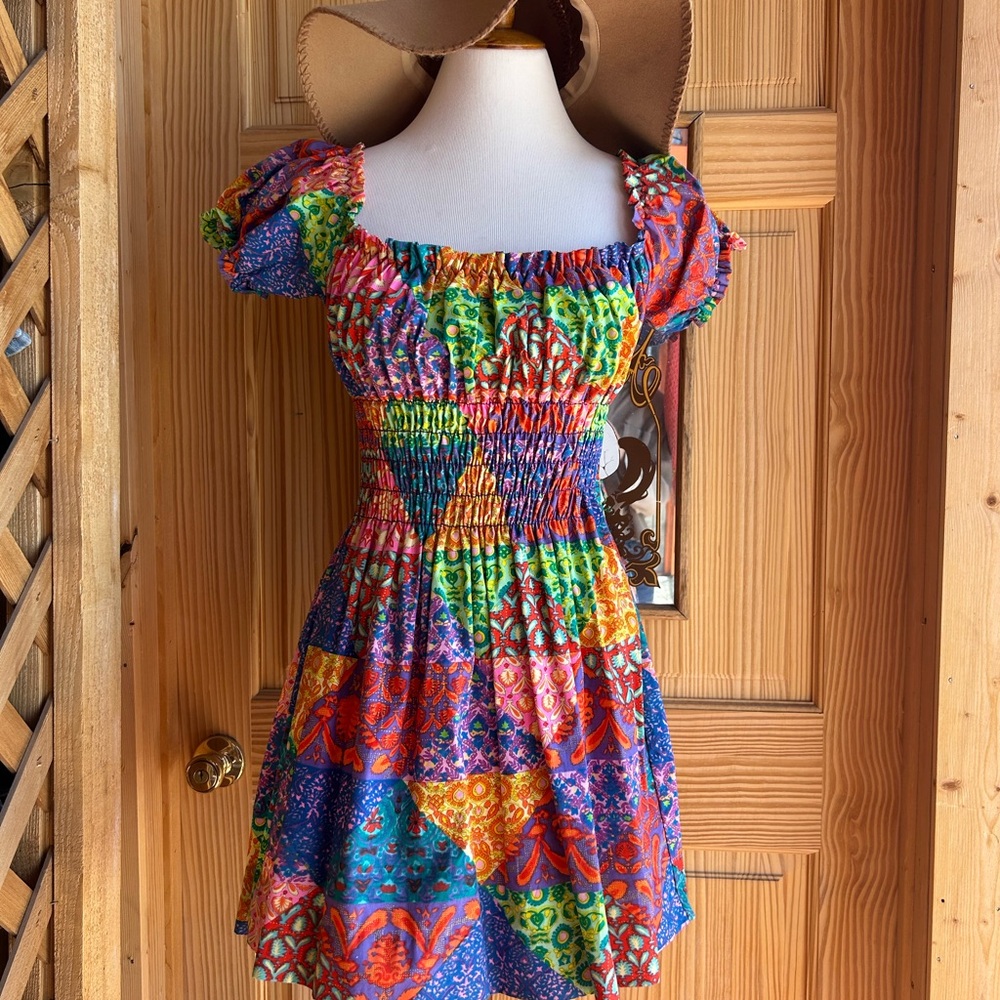 Multicolor Patchwork Smocked Mini Dress